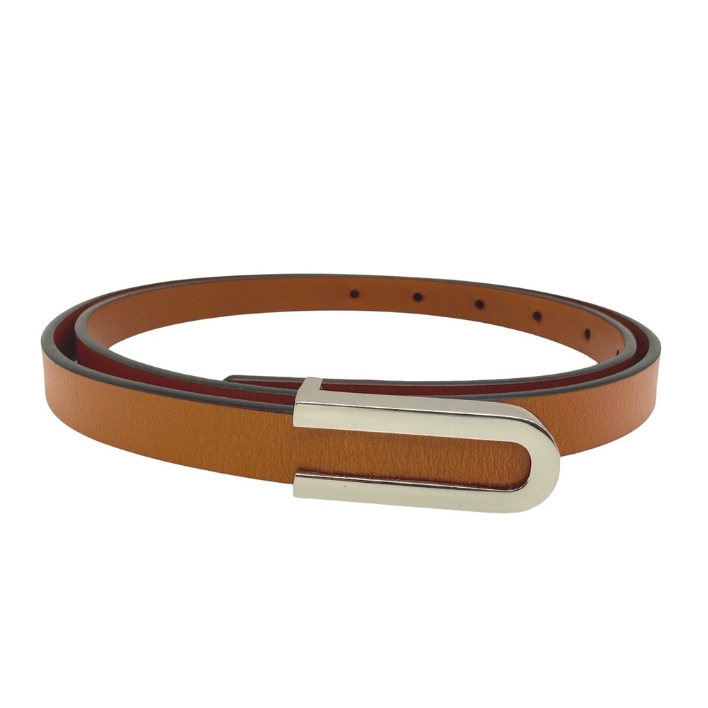 Genuine‎ Leather Belt Tan Brown Slim Modern Silver Buckle Women S/M New Unisex